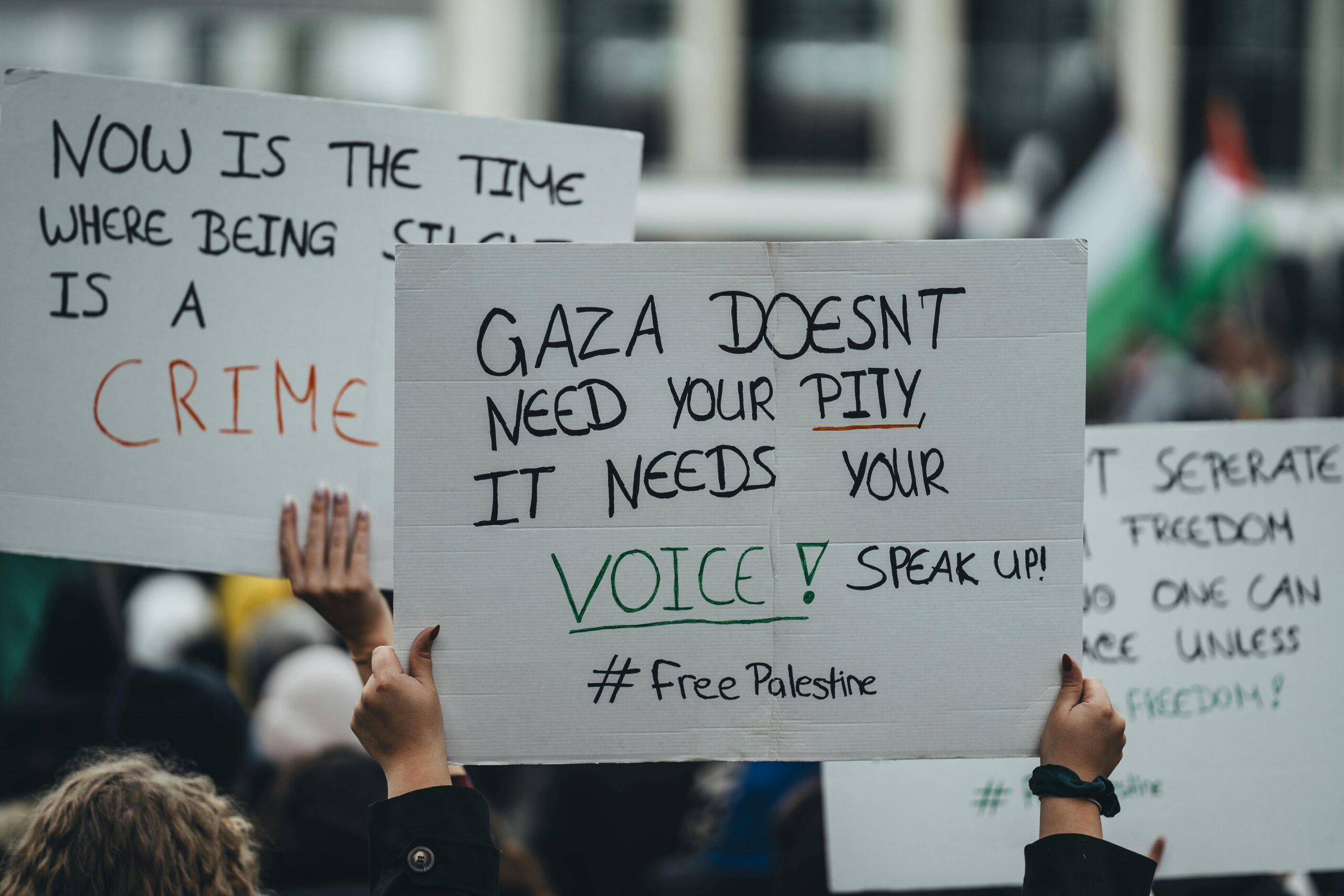 photo of sign from Palestine solidarity march. the sign reads: "Gaza doesn't need your pity. It needs your voice!"